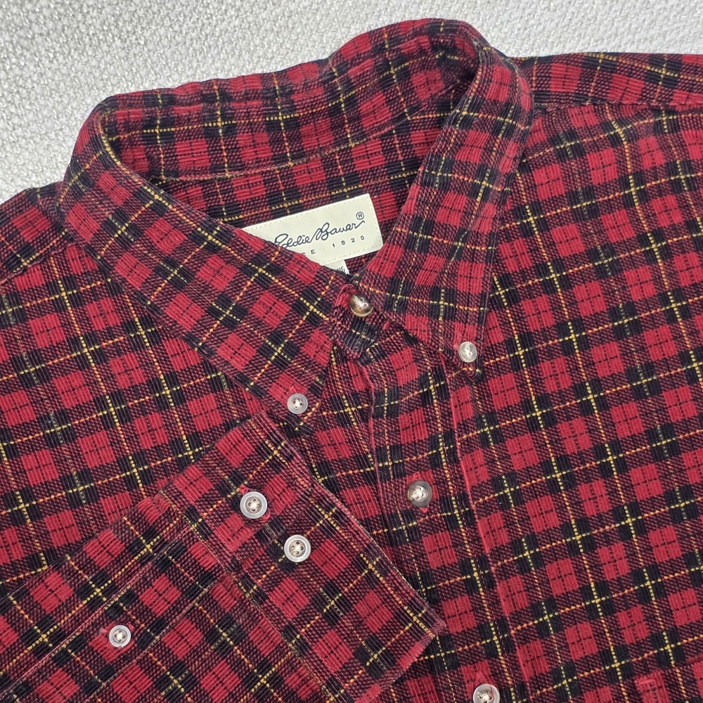 Vintage Eddie Bauer Men's Size XL Tall Red Black Plaid Corduroy Button Shirt
